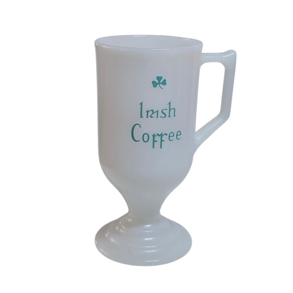 Vintage Federal Glass Milk Glass Irish Coffee Mug Shamrock Footed Pedestal Cup‎